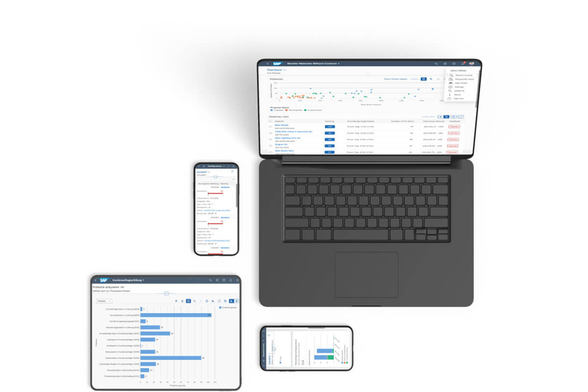 A laptop, two smartphones and a tablet that display SAP software dashboards with data visualizations and analysis tools.