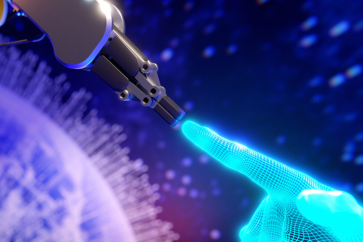 A robotic hand reaches out towards a glowing, digital finger and symbolizes the connection between technology and humans against a cosmic background.